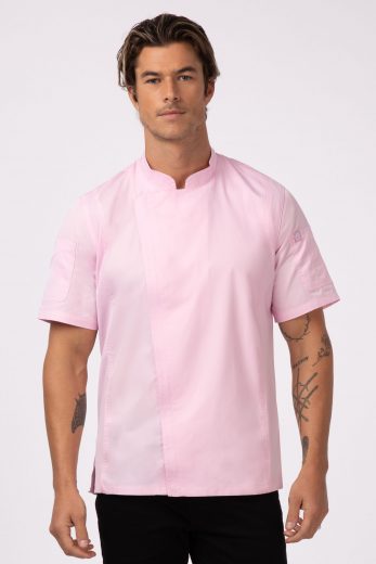 A man with tattoos wearing Chef Works’ Springfield Pink Chef Coat in the men’s structured style as part of Chef Works Uniform Programs